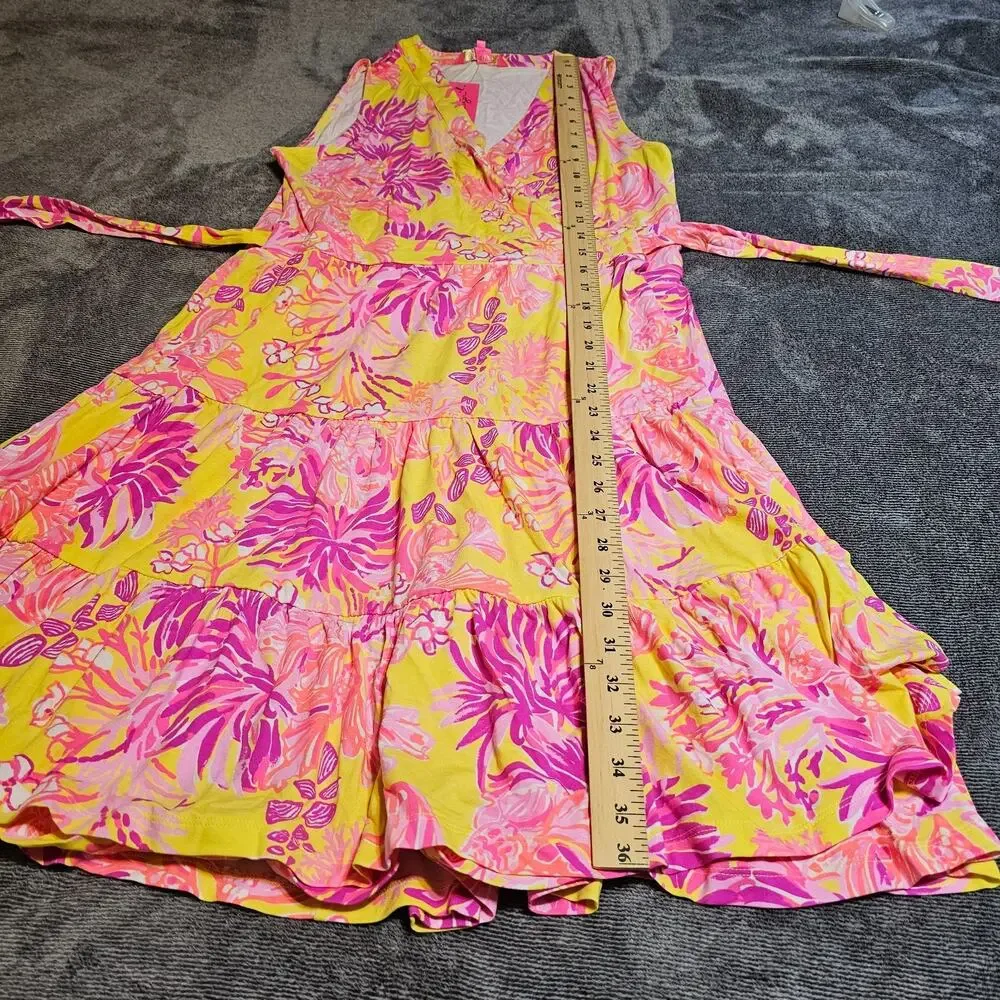 Lilly Pulitzer Folly Floral Wrap Dress Calla Yellow Floral Coral Sleeveless Sz L - Picture 12 of 12